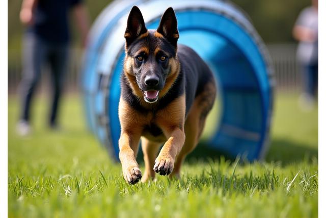 Dog gracefully navigating an agility tunnel during an advanced training session