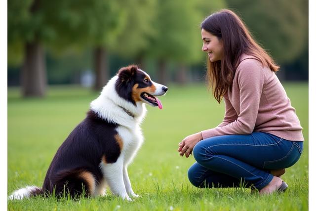 Dog performing a 'sit-stay' command next to its owner in an outdoor training setting