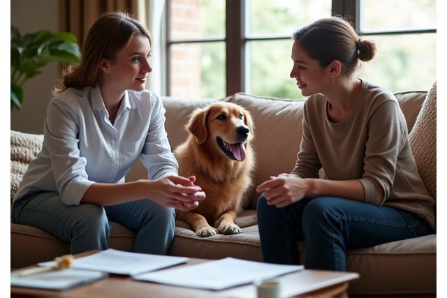 Dog and owner having an in-depth conversation with a dog trainer in a home setting