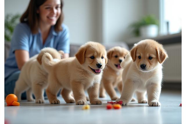 Happy puppies playing together in a group class, with a trainer observing