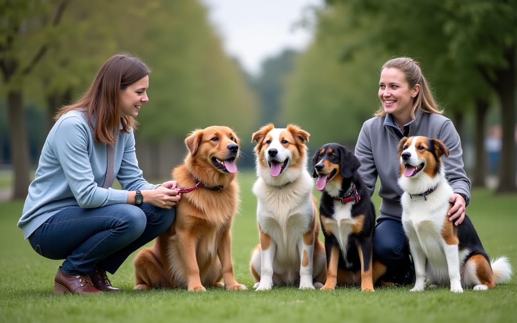 A diverse group of happy dogs of various breeds sitting calmly with their owners in an outdoor training setting, demonstrating good behavior.